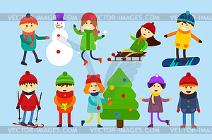 Christmas kids playing winter games. Skating, - vector image