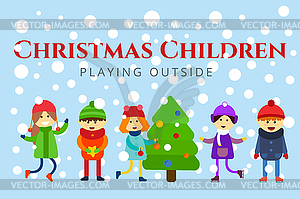 Christmas kids playing winter games. Skating, - vector image