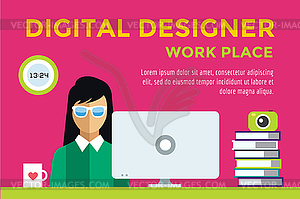 Designer girl at workplace silhouette - vector image