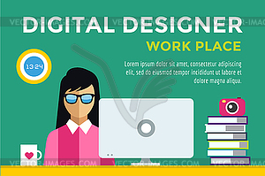 Designer girl at workplace silhouette - vector clipart