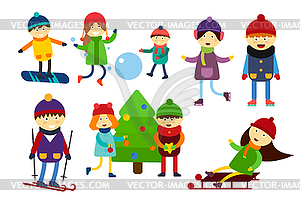 Christmas kids playing winter games - vector image