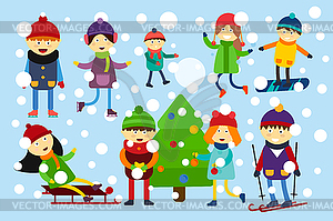 Christmas kids playing winter games - vector clipart