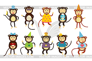 Happy cartoon monkey dancing party birthday - color vector clipart