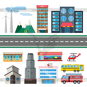 Buildings and city transport flat style - vector clip art