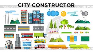 Buildings and city transport flat style - color vector clipart