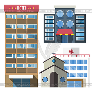 Buildings set skyscrappers, small house - vector clip art