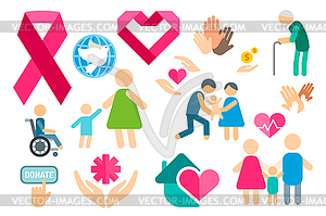Charity flat icons set - royalty-free vector clipart