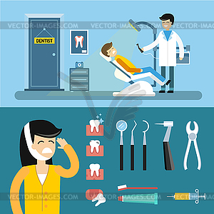 Стоматолог врачи офис и пациент с зубной болью - стоковое векторное изображение
