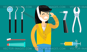 Dentist patient girl with toothache tools - vector image