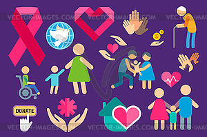 Charity care flat icons set - royalty-free vector image