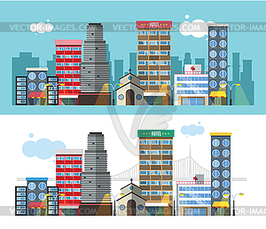 Buildings and city transport flat style - vector image