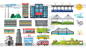 Здания и городской транспорт плоский стиль - изображение в векторе / векторный клипарт
