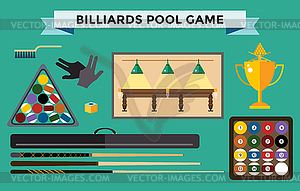 Billiards flat pool game accessories and players - vector image