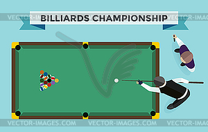 Billiards flat pool game accessories and players - vector image