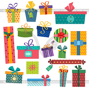 Colorful gift boxes with bows and ribbons set - vector image
