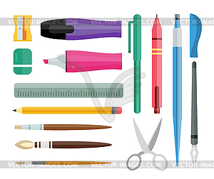 Flat stationery and drawing tools, pen set - royalty-free vector clipart