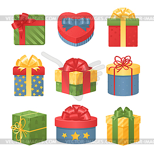 Colorful 3d gift boxes with bows and ribbons set - vector clipart