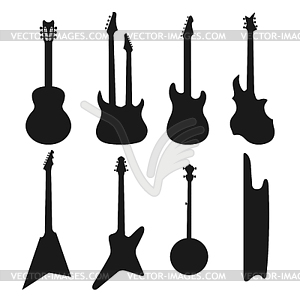 Acoustic, electric guitars black and white icons set - vector image