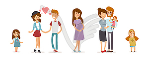 Small girl, adult boy and girl couple, pregnant - vector image