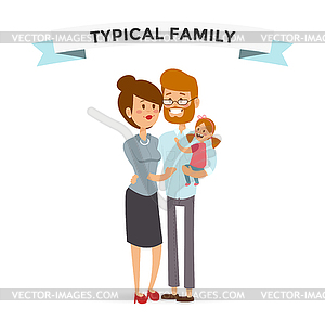 Small girl, woman and man happy family couple - vector clip art