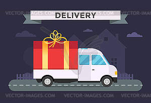 Delivery transport truck, van with gift box pack - vector image