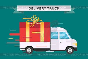Delivery transport truck, van with gift box pack - vector EPS clipart