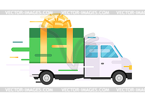 Транспорт грузовик Доставка, фургон с подарочной коробке пакет - графика в векторе