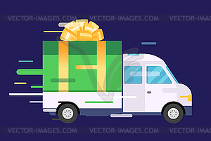 Delivery transport truck, van with gift box pack - stock vector clipart