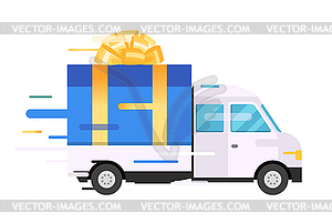 Delivery transport truck, van with gift box pack - vector clip art