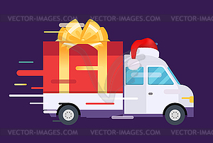 Delivery transport truck, van with gift box pack - vector image