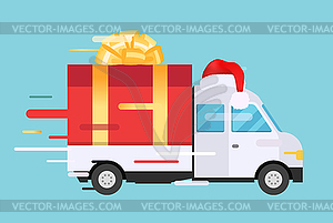Delivery transport truck, van with gift box pack - vector clipart