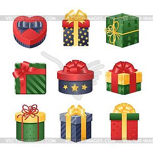 Colorful 3d gift boxes with bows and ribbons set - vector image