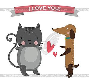 Cute cartoon animals couples fall in love banner - royalty-free vector image