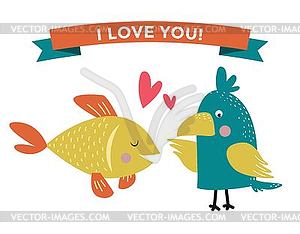 Cute cartoon animals couples fall in love banner - vector clip art