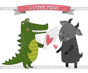 Cute cartoon animals couples fall in love banner - vector clipart