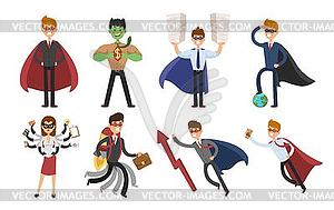 Superhero business man and woman in action set - vector clipart