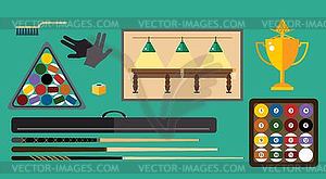 Billiards flat pool game accessories and players - vector EPS clipart