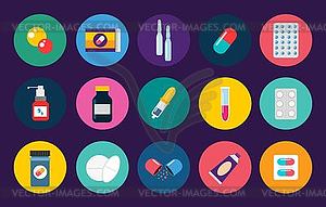 Pills capsules icons flat set. Medical vitamin - vector image