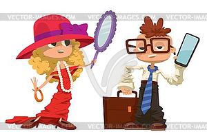 Cartoon boy and girl dressed like mother, father - vector clip art