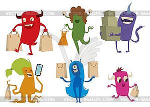 Cartoon cute monsters shopping - vector EPS clipart