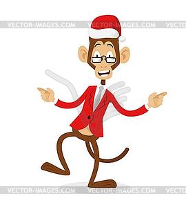 Funny monkey Christmas Santa hat dancing - vector image
