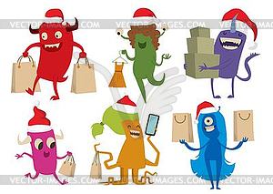 Cartoon cute monsters Christmas sale shopping - vector clip art