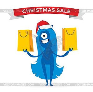 Cartoon cute monsters Christmas sale shopping - vector clip art