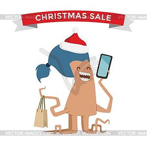 Cartoon cute monsters Christmas sale shopping - vector clipart