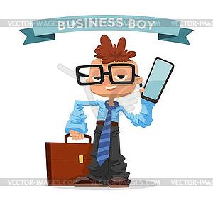 Little schoolboy like businessman with business - vector clip art