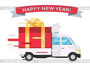 Delivery transport truck van Christmas gift box - color vector clipart