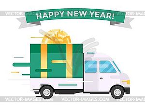 Delivery transport truck van Christmas gift box - vector image