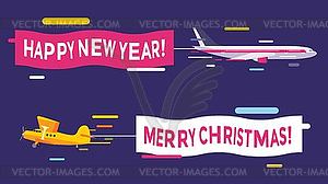 Plane flying with Merry Christmas banners - vector clip art