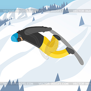 Snowboarder jumping pose on winter outdoor - vector image