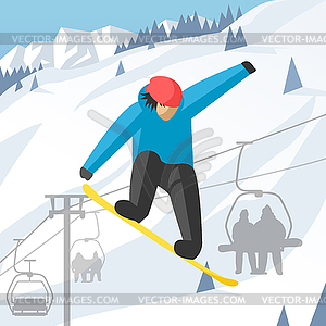 Сноубордист прыжки позе на открытом воздухе зимой - векторный клипарт Royalty-Free